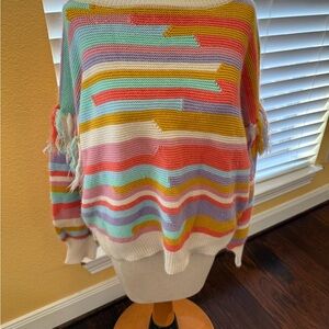 Multicolor Striped Color Blocks Women’s Sweater Pastels Rainbow Boho Tassels